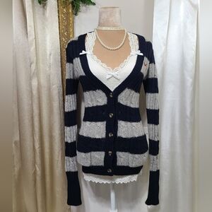 ♡ Y2K ♡ Hollister Cableknit Wool Navy and Grey Striped Babydoll Cardigan Sweater